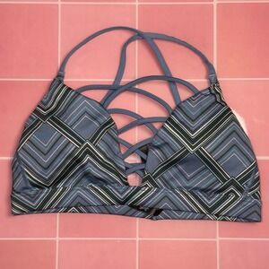Blue Geometric Strappy Lattice Front Sports Bra Crisscross Back Size Small